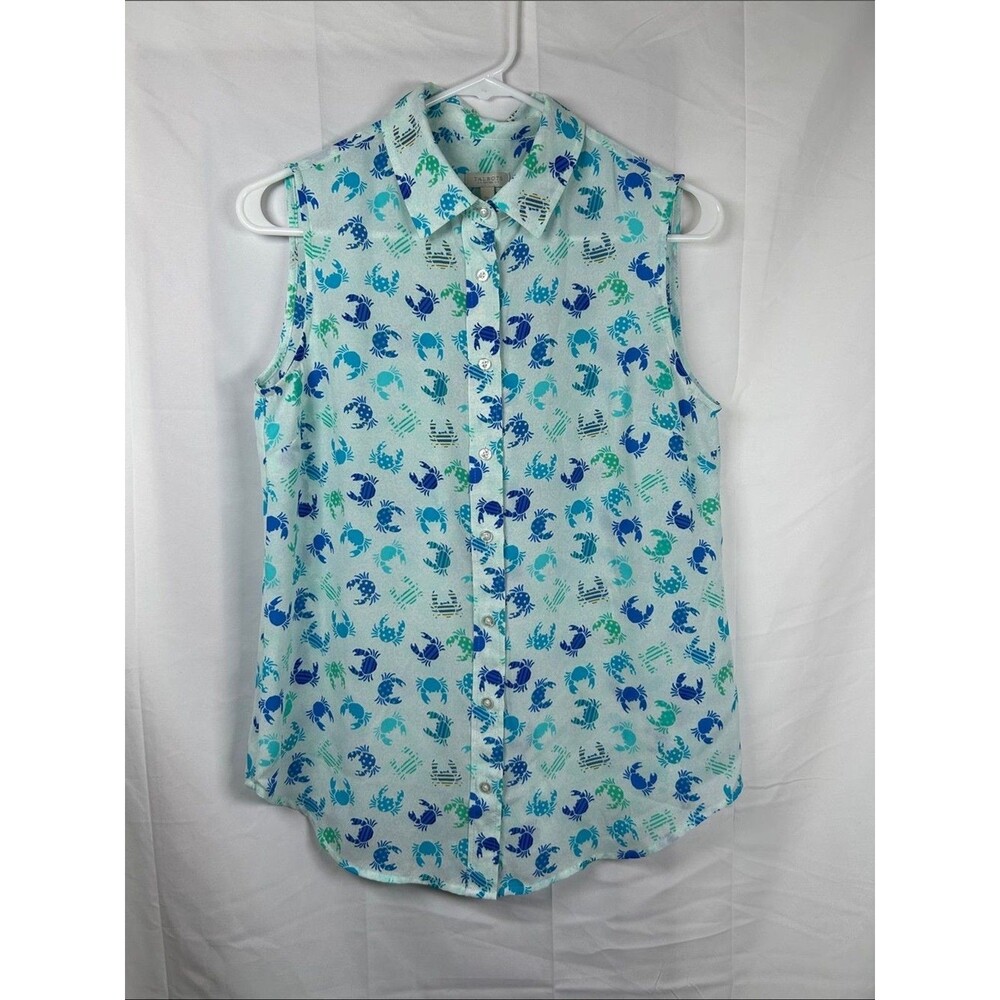 Talbots Petites Crab Print Sleeveless Button Blouse Women’s SP Aqua Blue